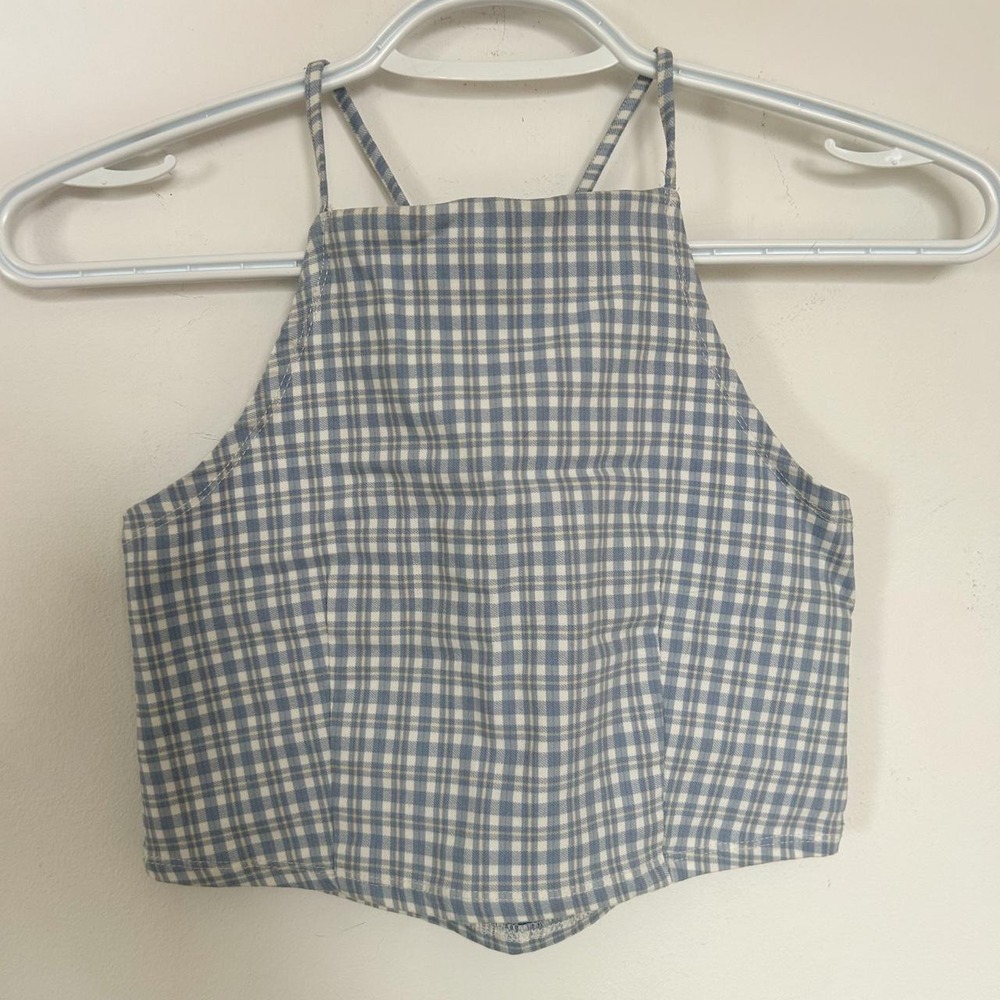 Garage blue & white checkered gingham halter top cropped